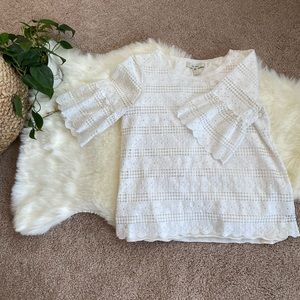 White lace-detail bell sleeve top